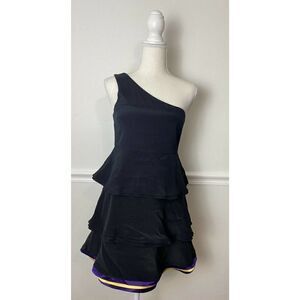 Alice And Olivia Dress Sz Small Black Silk One Shoulder Ruffle Hem Y2k LBD